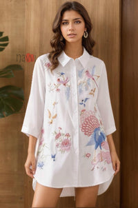 Enchanted Garden Peacock Embroidered Linen Shirt