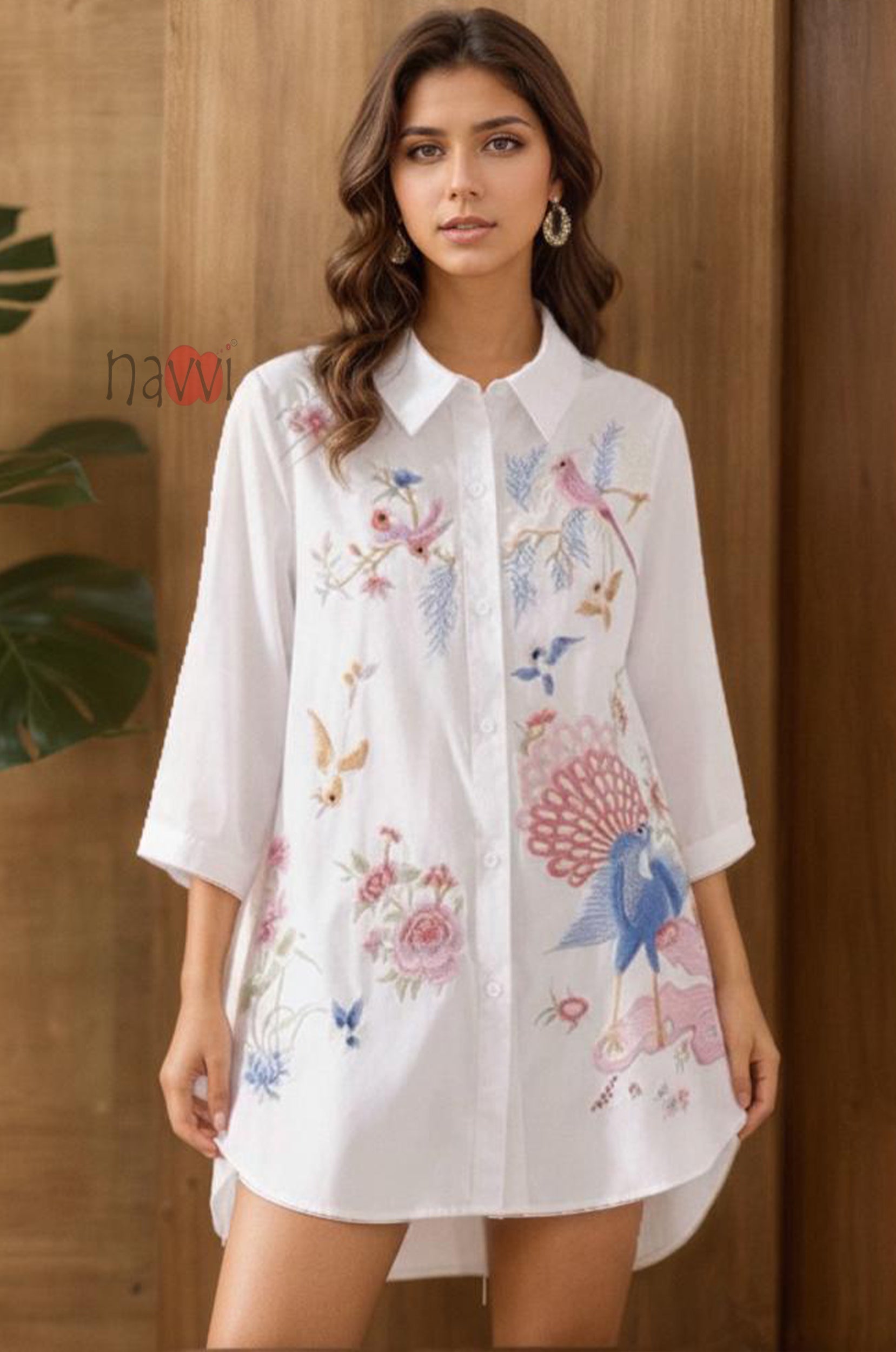 Enchanted Garden Peacock Embroidered Linen Shirt