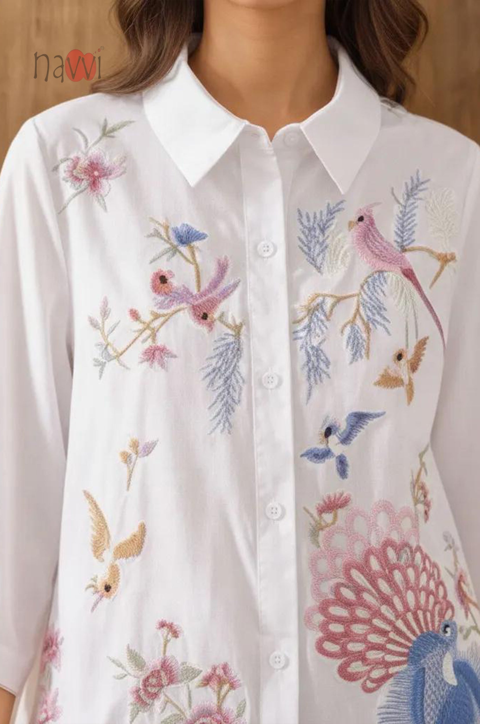 Enchanted Garden Peacock Embroidered Linen Shirt