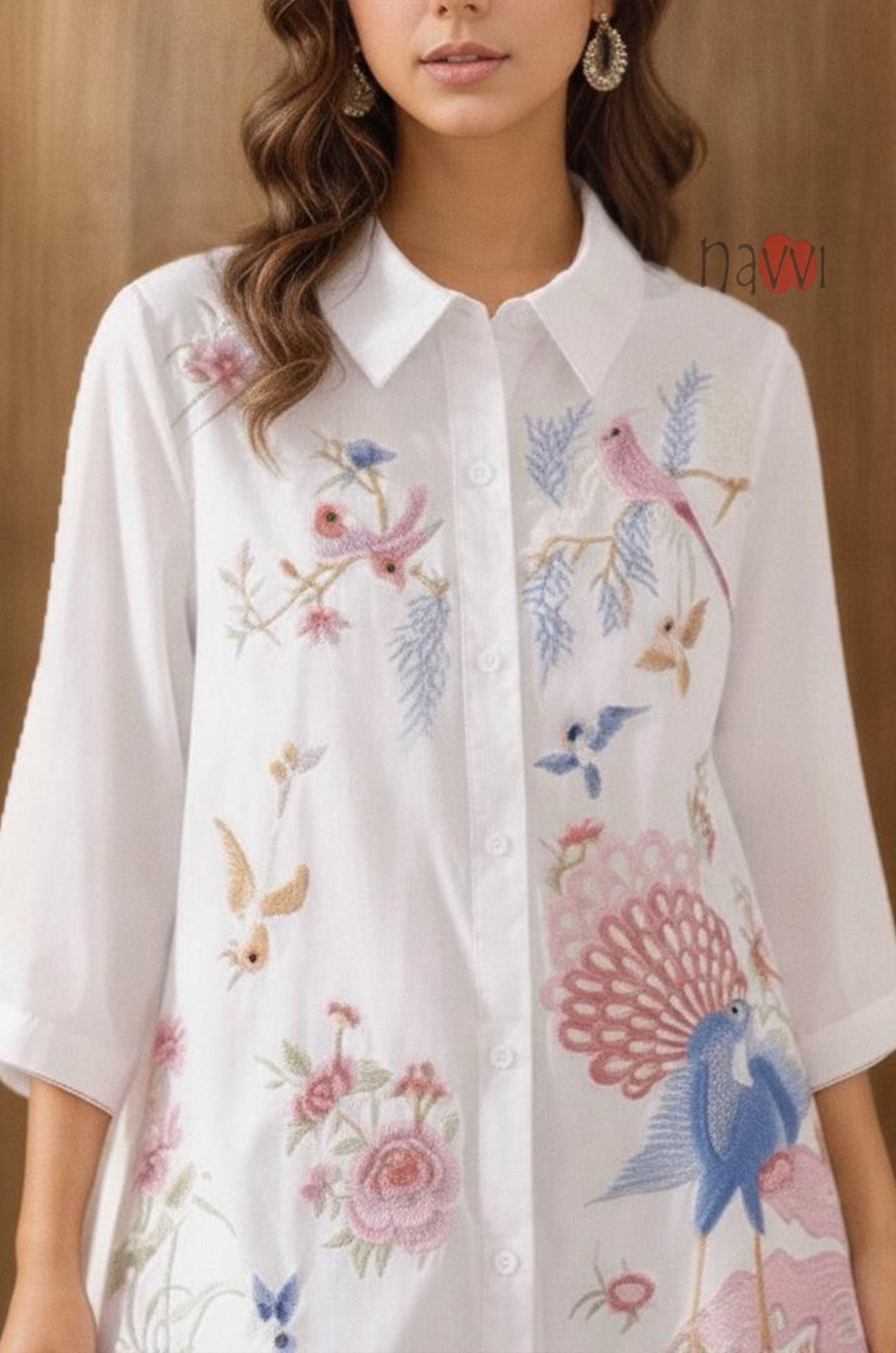 Enchanted Garden Peacock Embroidered Linen Shirt