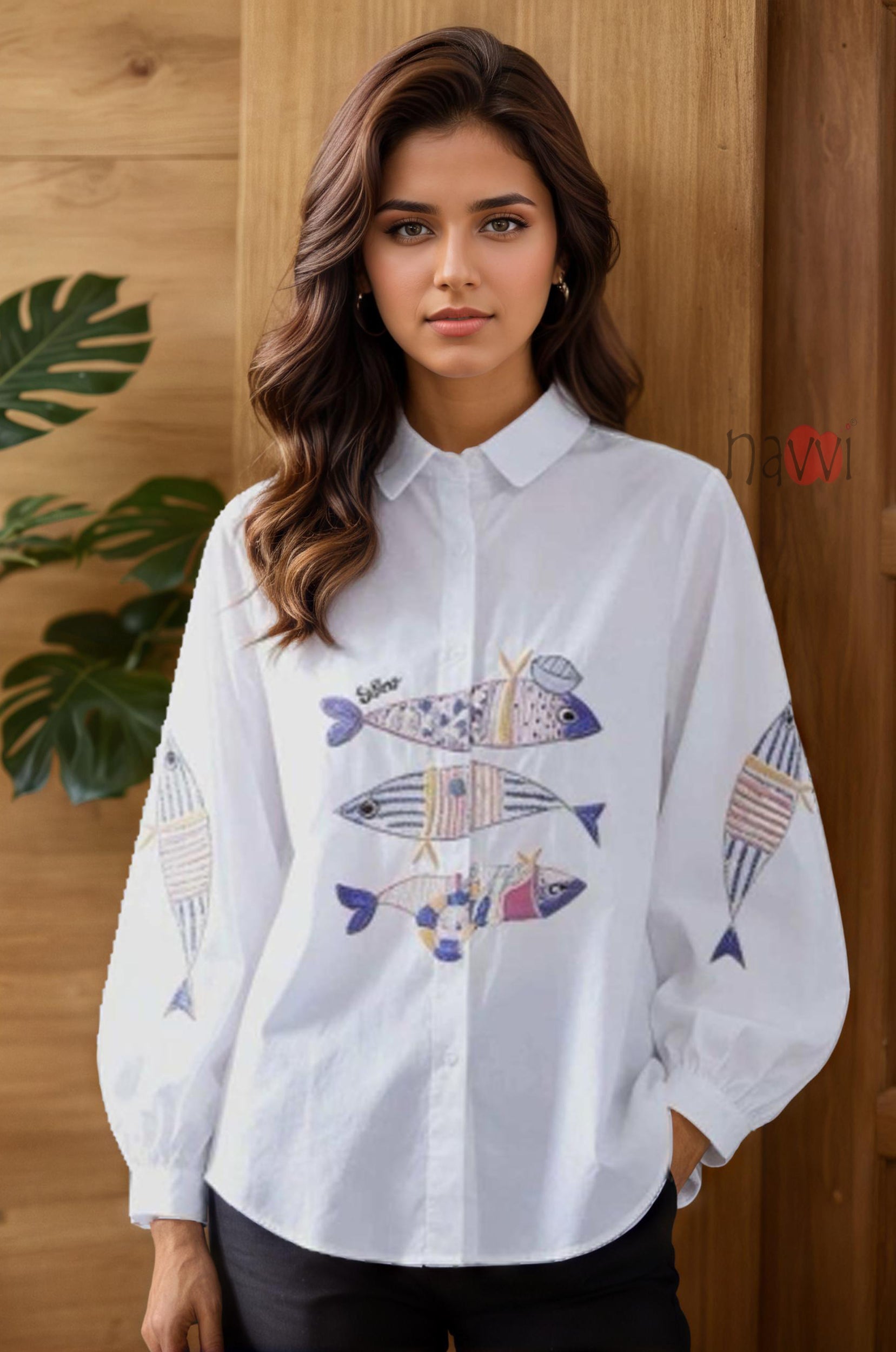 Ocean Tales Fish Embroidered Linen Shirt