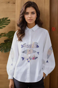 Ocean Tales Fish Embroidered Linen Shirt