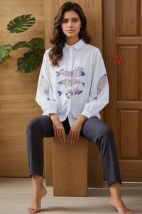 Ocean Tales Fish Embroidered Linen Shirt