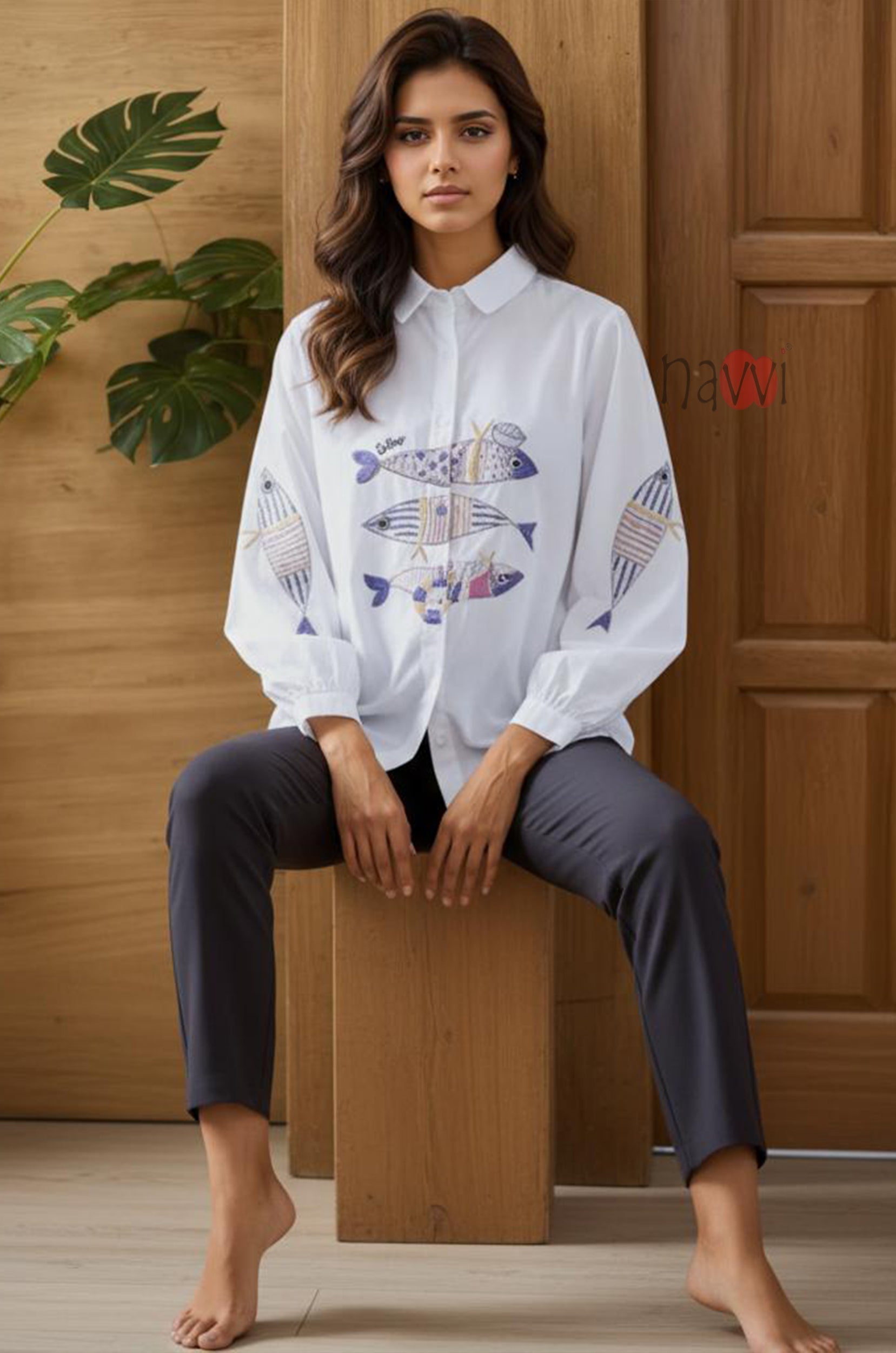 Ocean Tales Fish Embroidered Linen Shirt