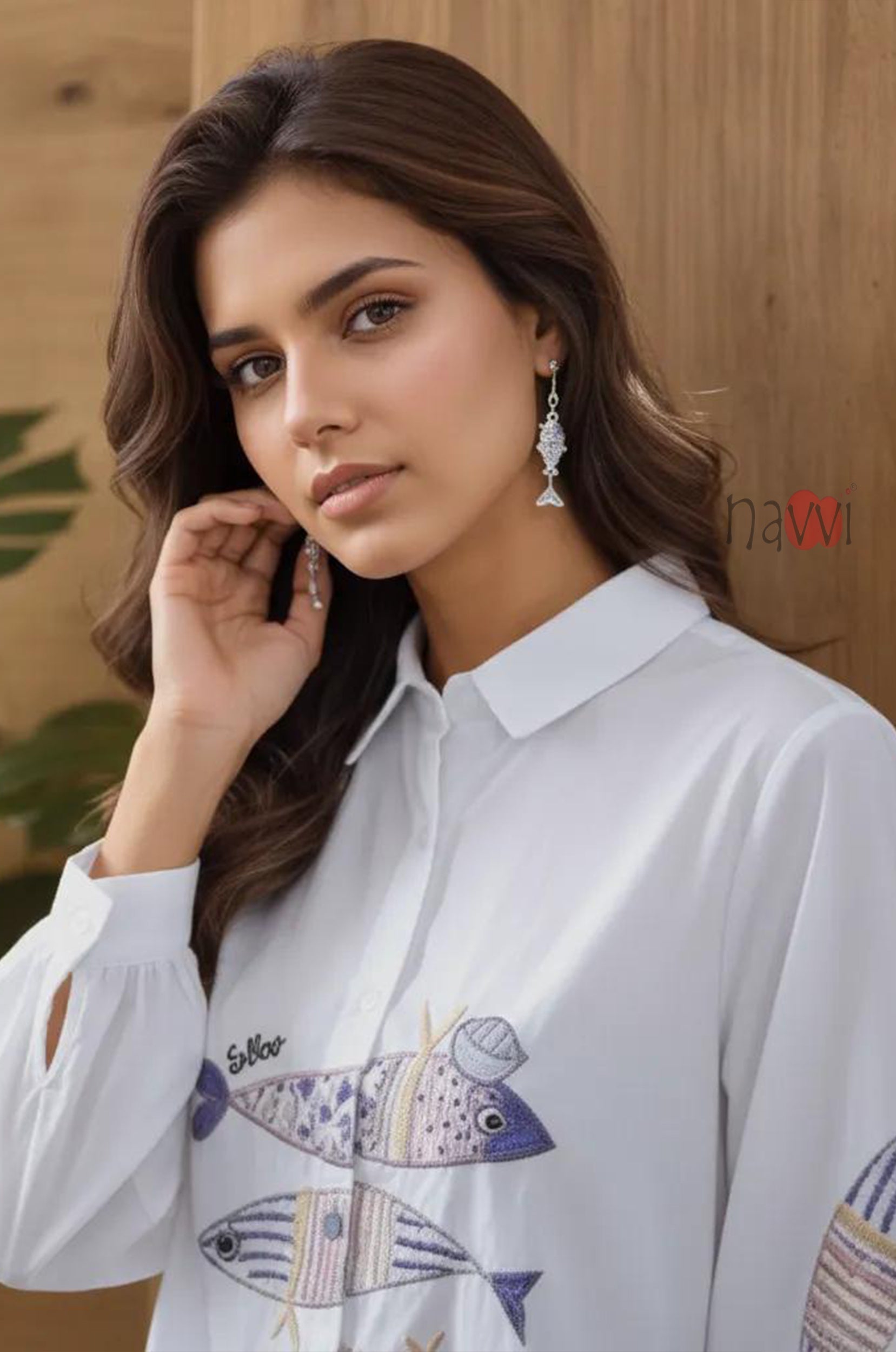 Ocean Tales Fish Embroidered Linen Shirt