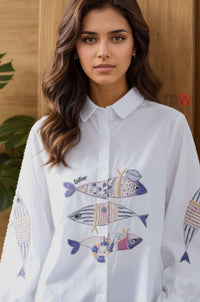 Ocean Tales Fish Embroidered Linen Shirt