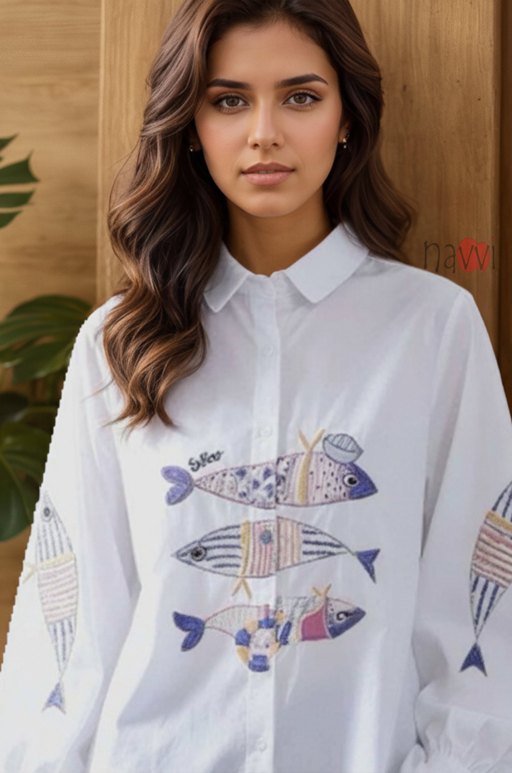 Ocean Tales Fish Embroidered Linen Shirt