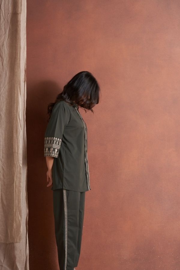 Olive Green Embroidery Co-Ord Set With Pants