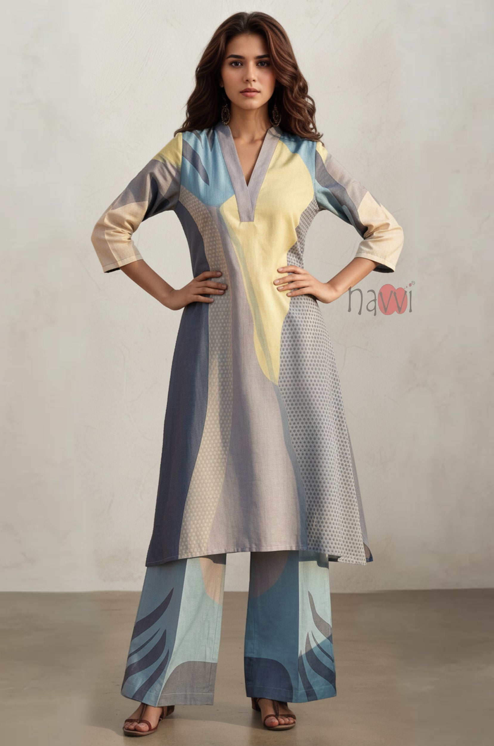 Ocean Mist Abstract Long Kurta Pure Linen Palazzo Set