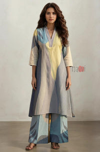 Ocean Mist Abstract Long Kurta Pure Linen Palazzo Set