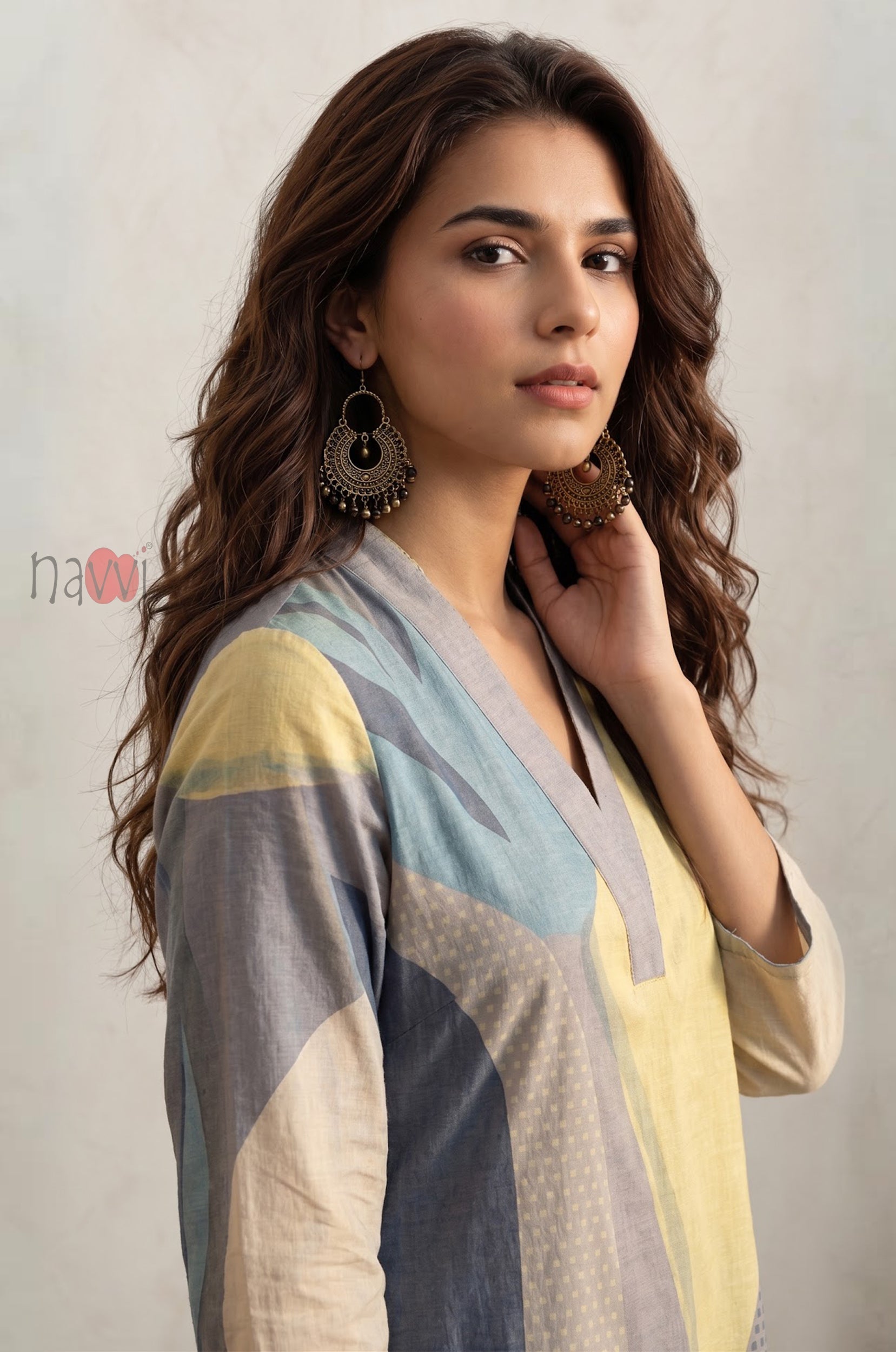 Ocean Mist Abstract Long Kurta Pure Linen Palazzo Set