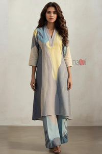 Ocean Mist Abstract Long Kurta Pure Linen Palazzo Set