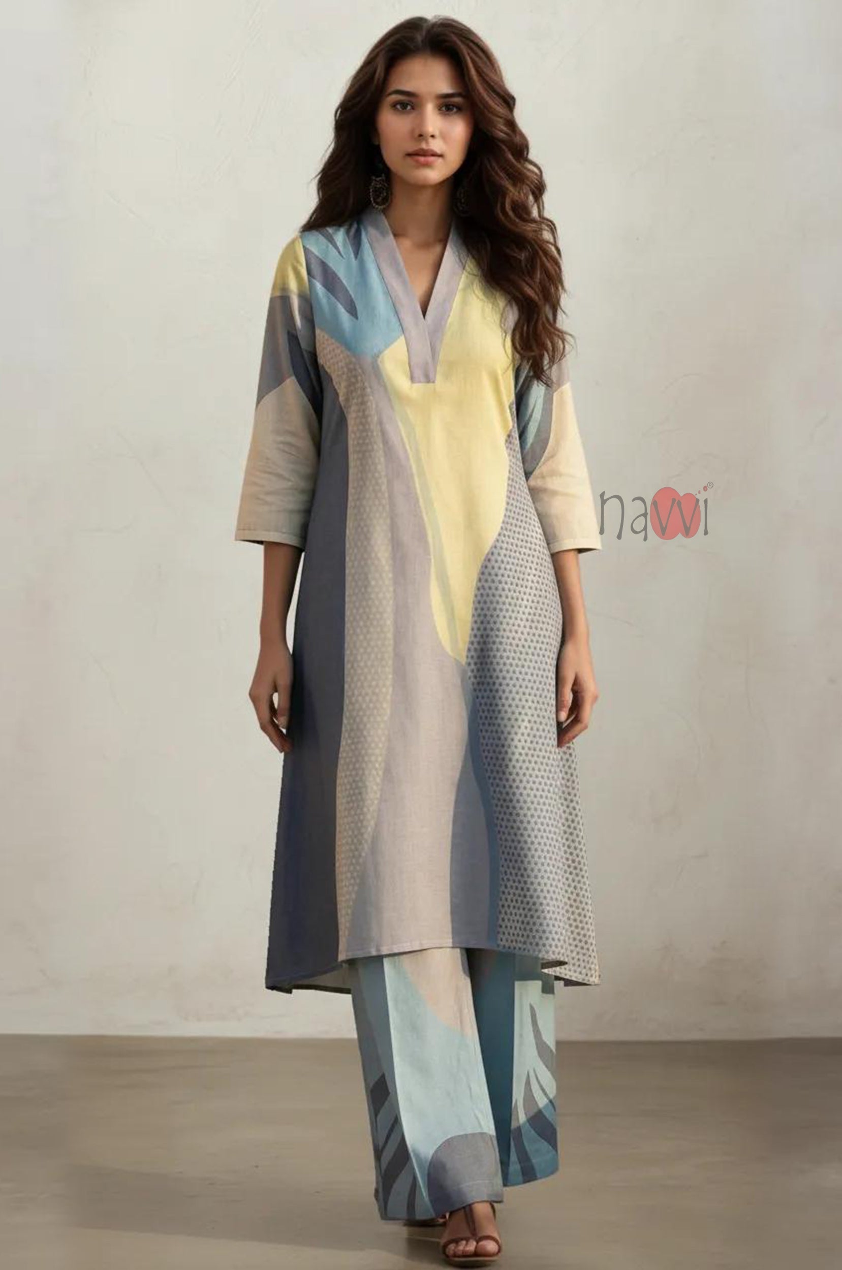 Ocean Mist Abstract Long Kurta Pure Linen Palazzo Set