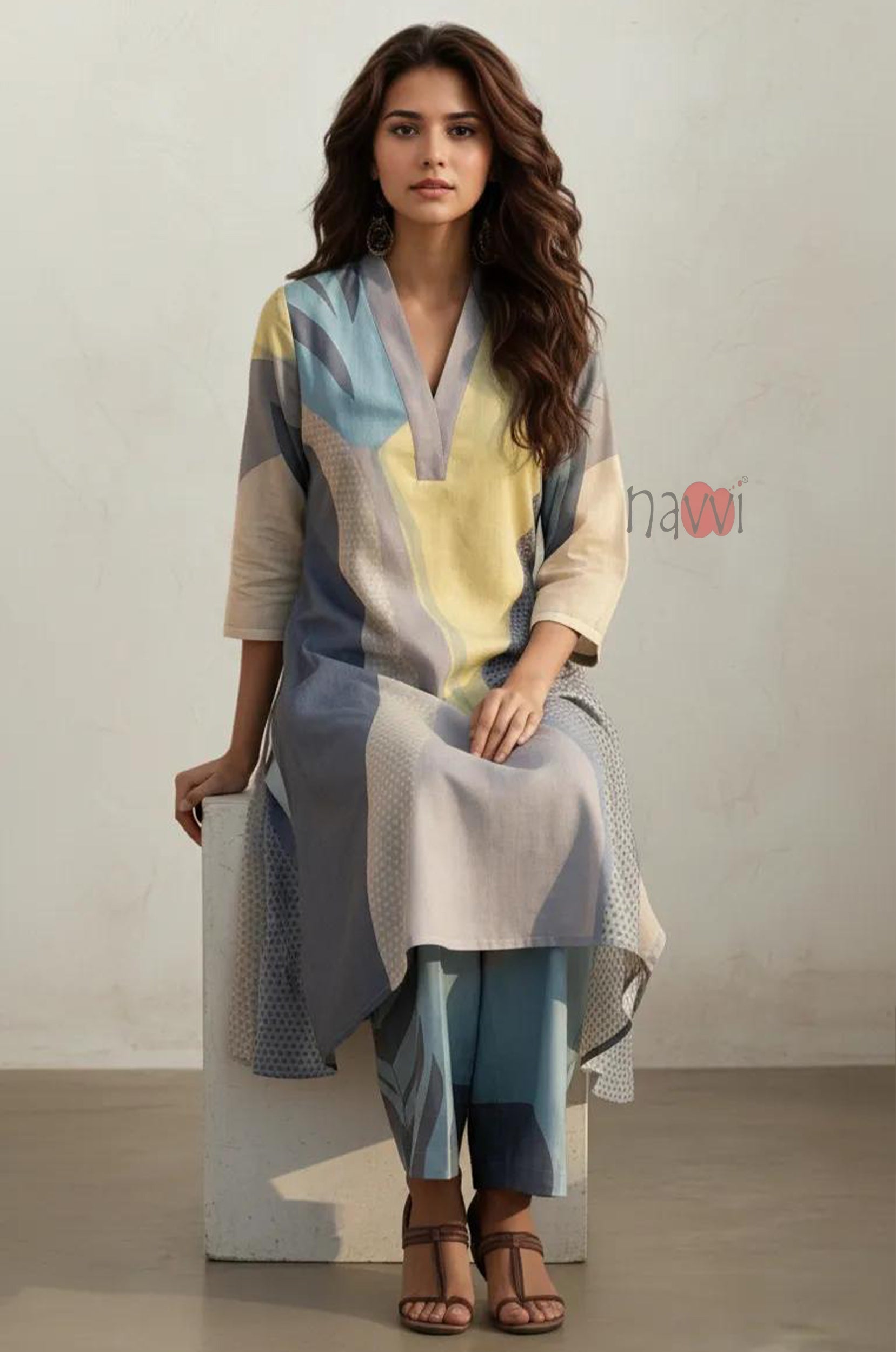 Ocean Mist Abstract Long Kurta Pure Linen Palazzo Set