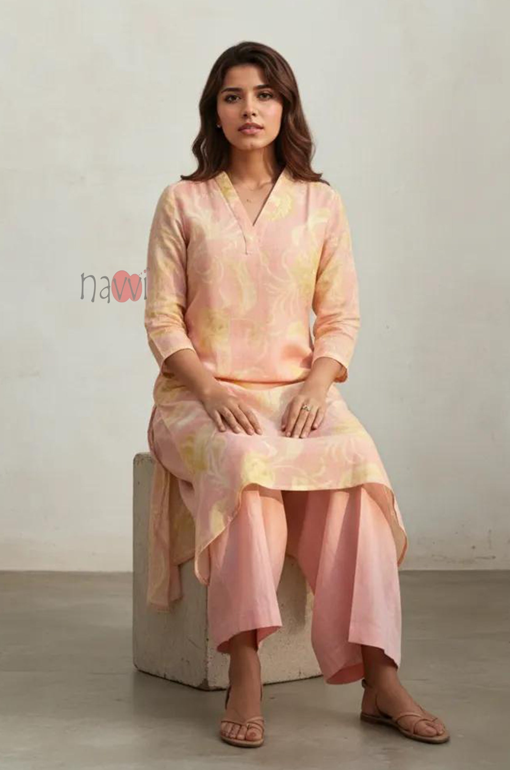 Blush Bloom Floral Pure Linen Kurta Set