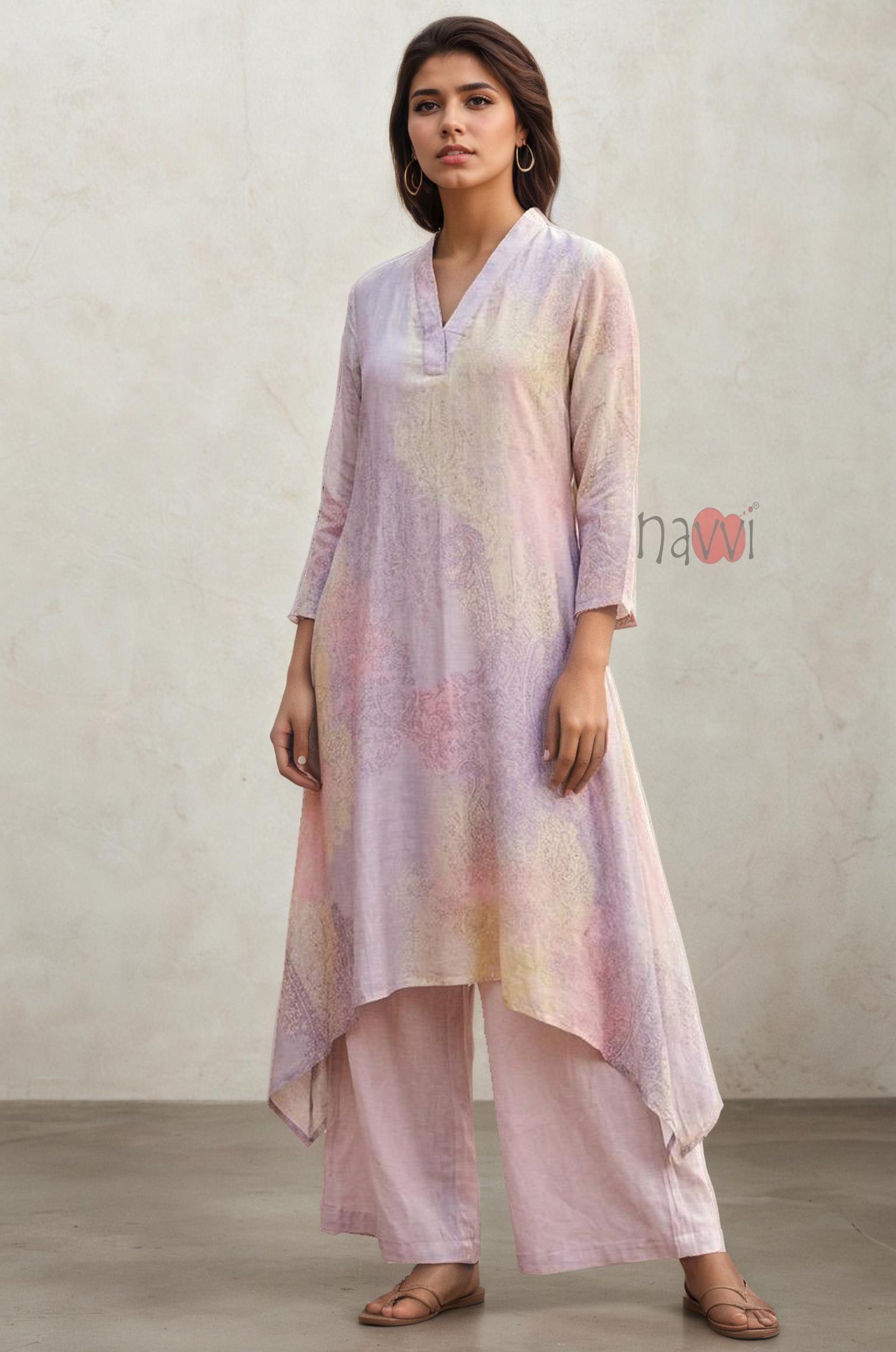 Lavender Mist Pastel Printed Pure Linen Kurta