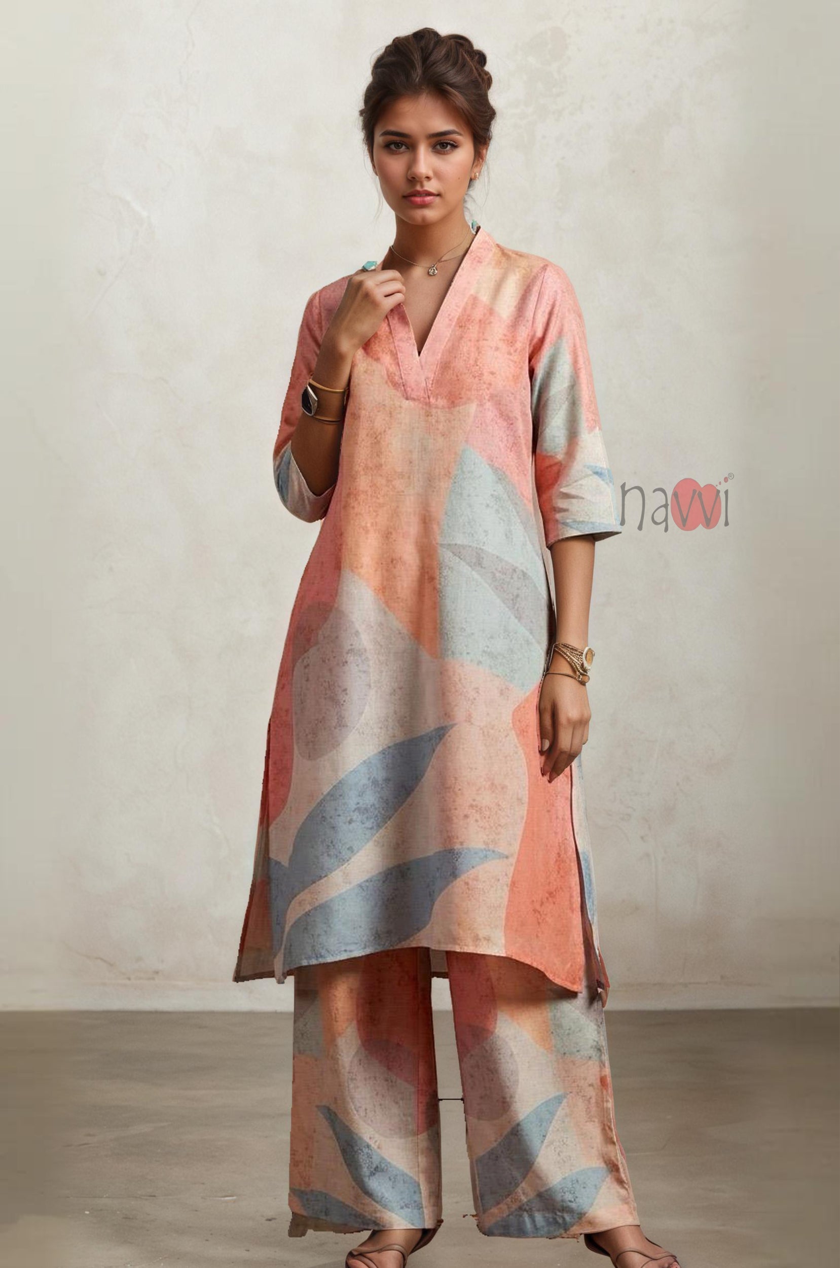 Pastel Muse Abstract Kurta Pure Linen Palazzo Set - Navvi.in