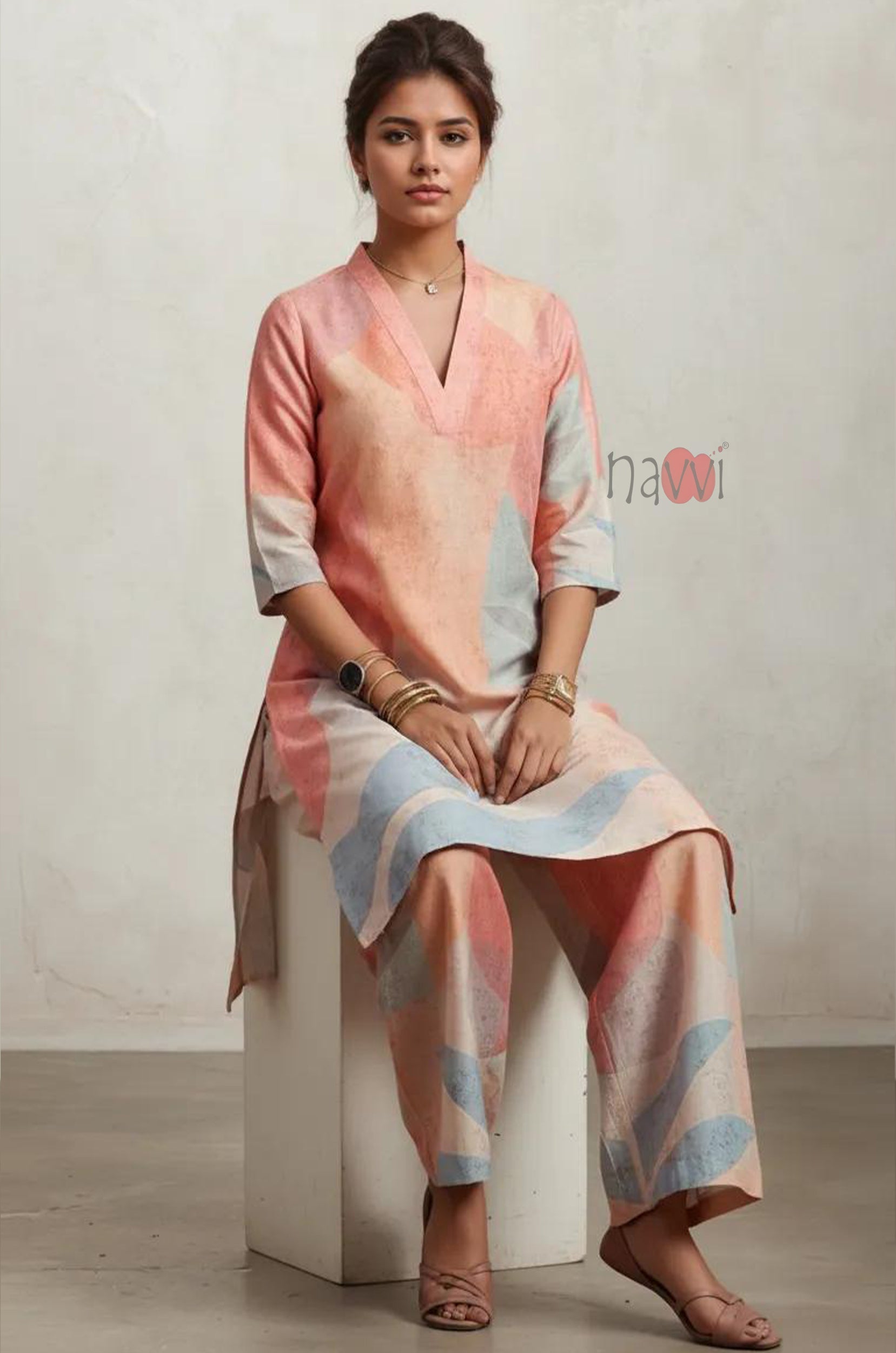 Pastel Muse Abstract Kurta Pure Linen Palazzo Set - Navvi.in