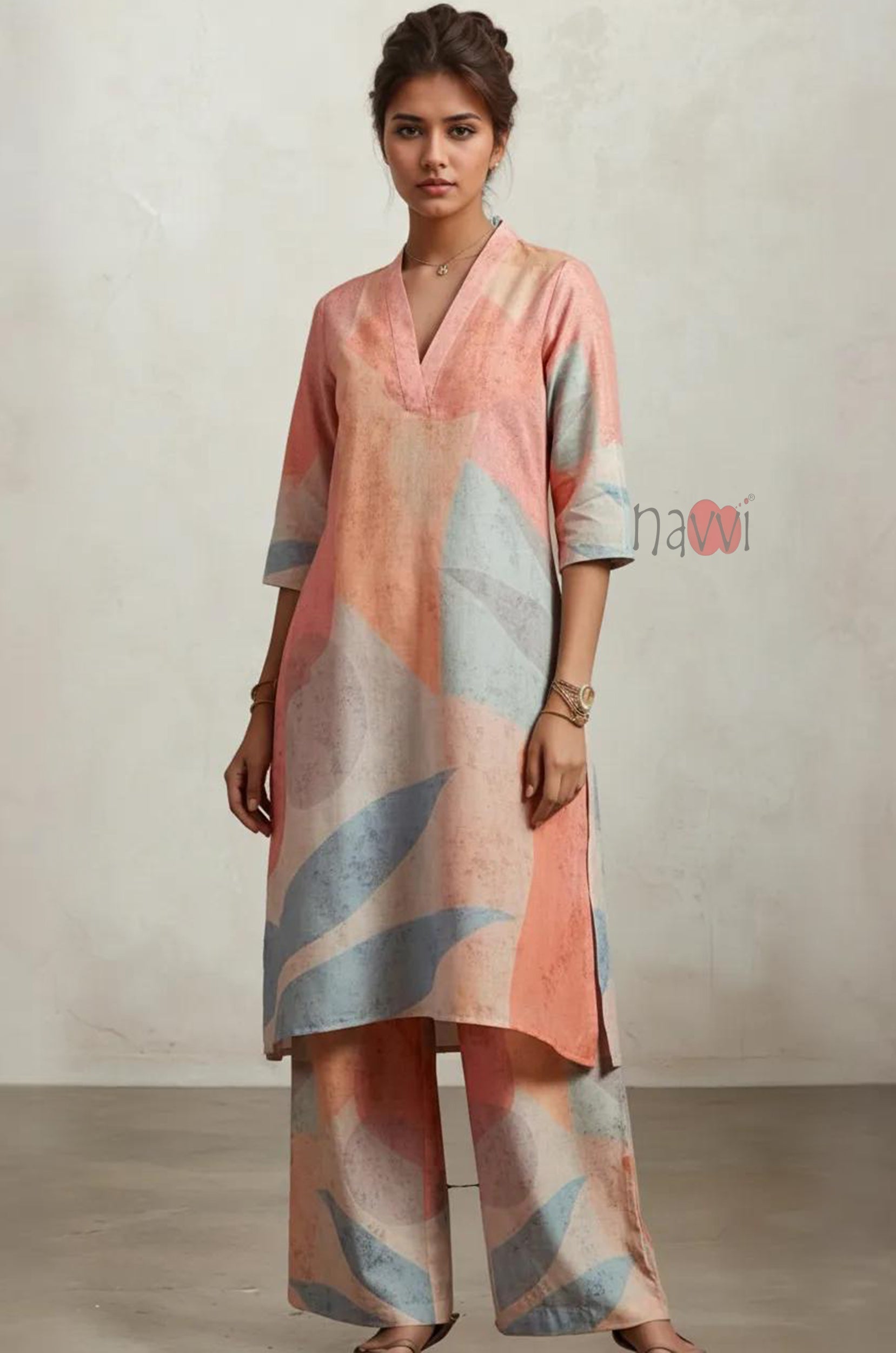 Pastel Muse Abstract Kurta Pure Linen Palazzo Set - Navvi.in
