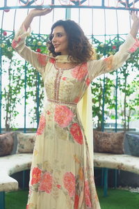 Floral Anarkali With Embroidered Belt and Dupatta