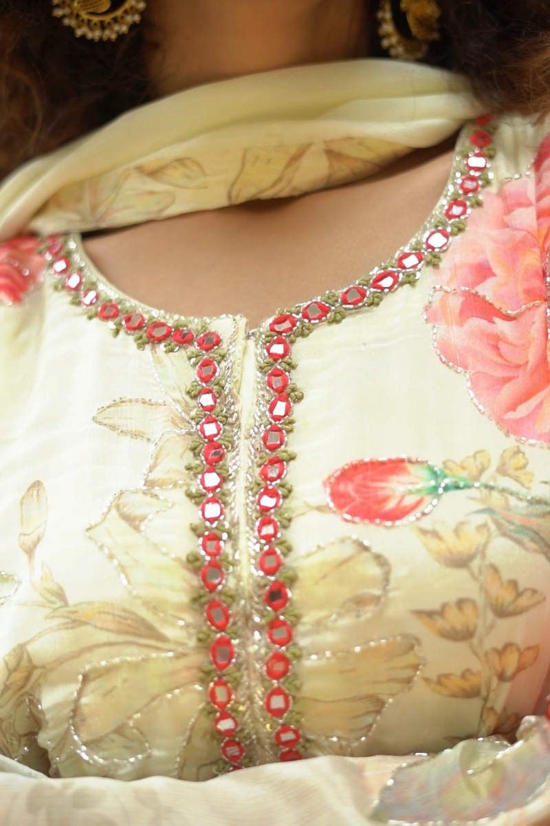 Floral Anarkali With Embroidered Belt and Dupatta