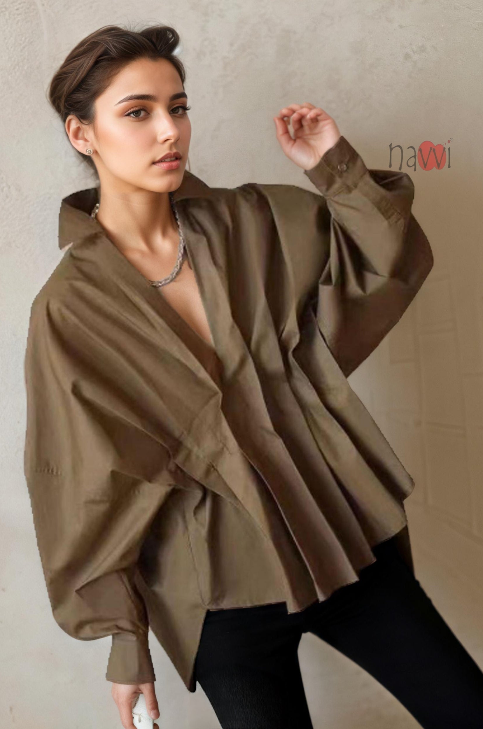 Brown Statement Balloon Sleeve Top