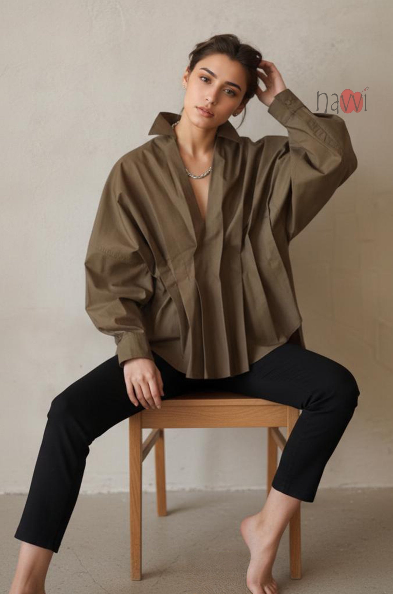 Brown Statement Balloon Sleeve Top