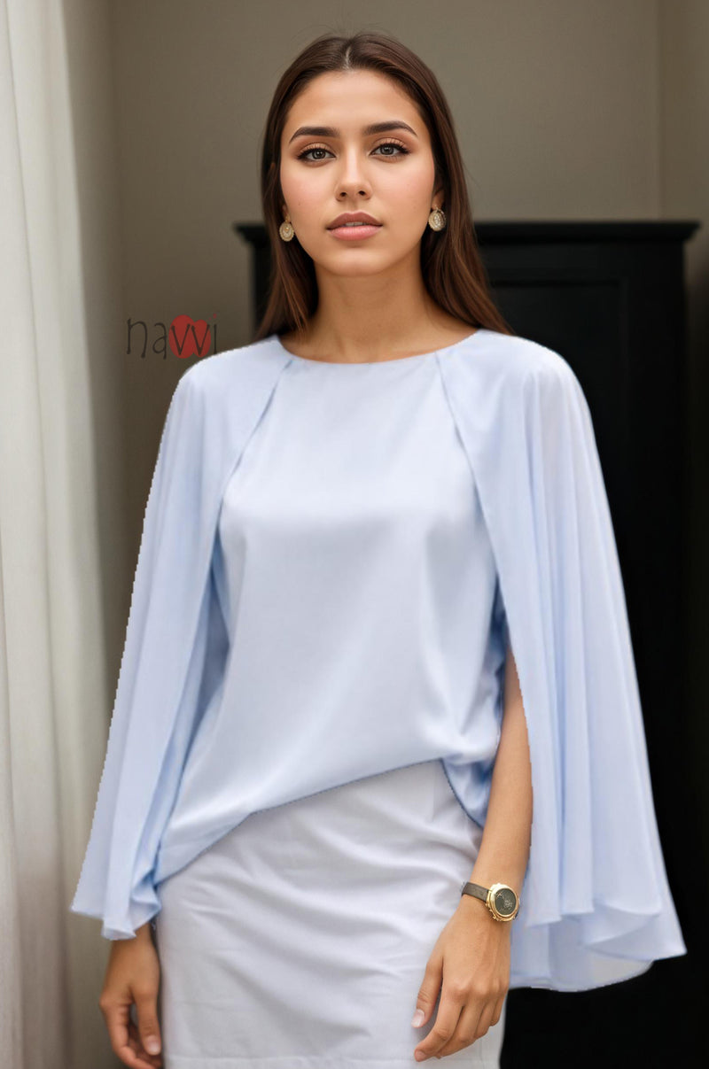 Powder Blue Satin Cape Sleeve Co-Ord Set - Navvi.in