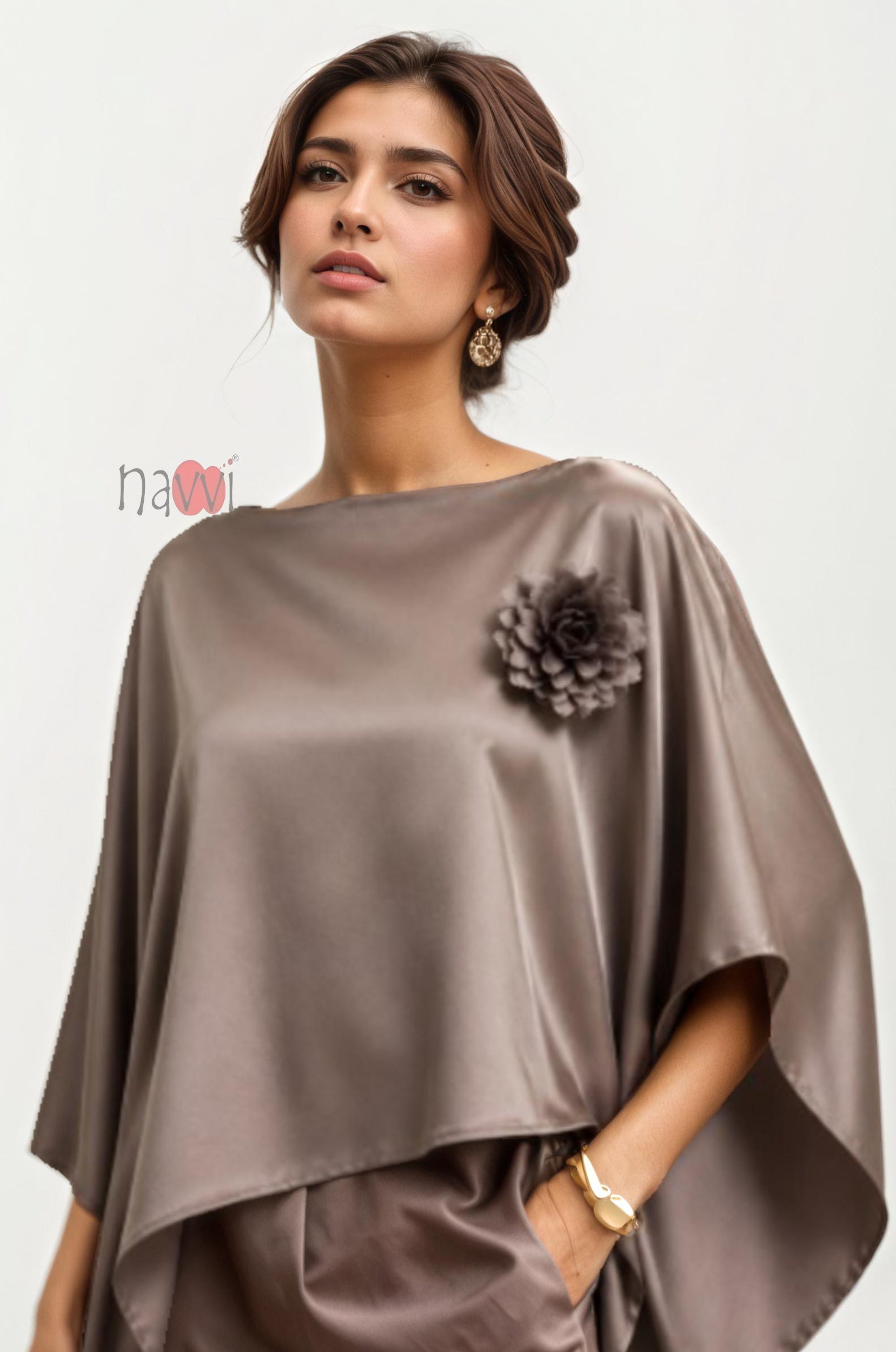 Mocha Blossom Silk Cape Top