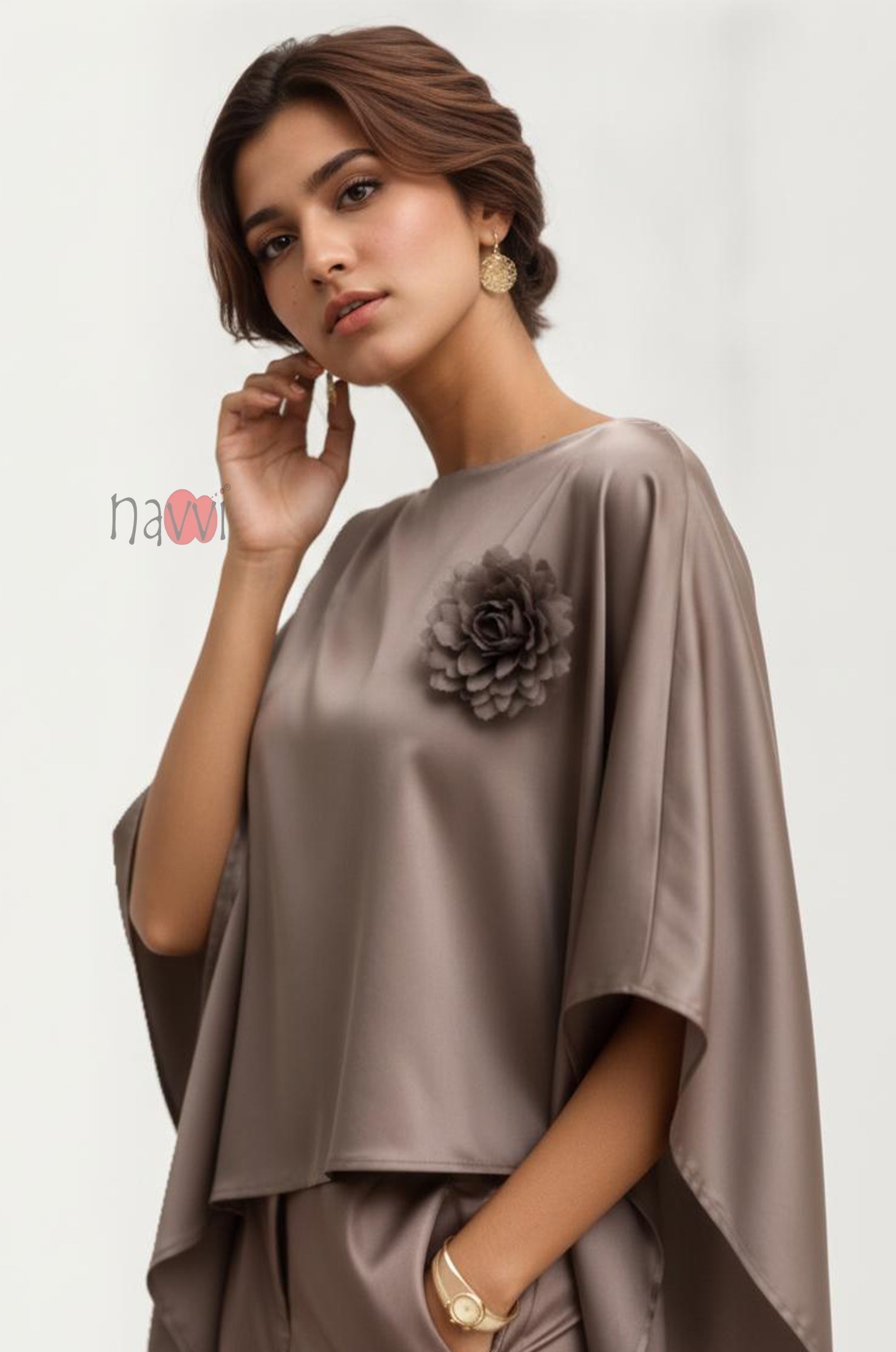 Mocha Blossom Silk Cape Top