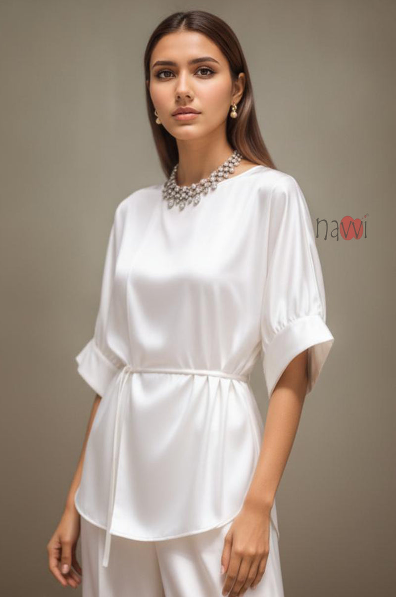 Pearl White Satin Tie-Waist Top - Navvi.in