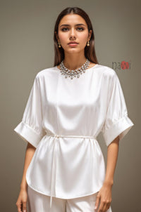 Pearl White Satin Tie-Waist Top