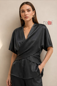 Noir Satin Wrap-Style Top