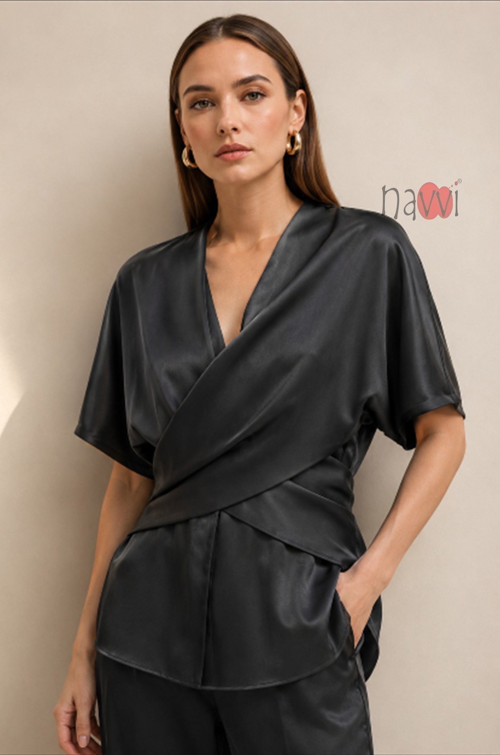 Noir Satin Wrap-Style Top
