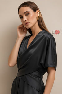 Noir Satin Wrap-Style Top