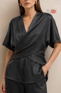 Noir Satin Wrap-Style Top