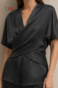 Noir Satin Wrap-Style Top