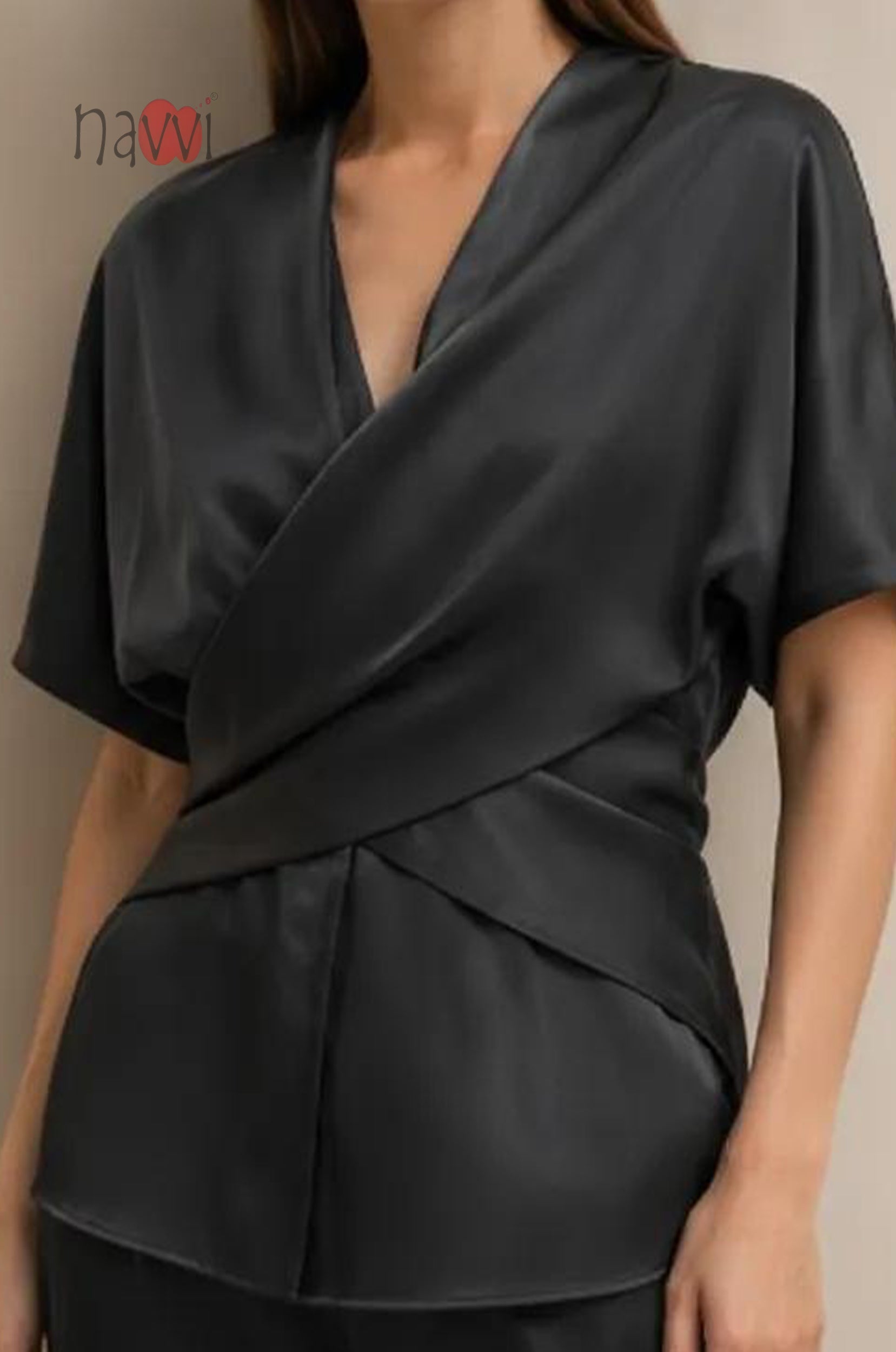 Noir Satin Wrap-Style Top
