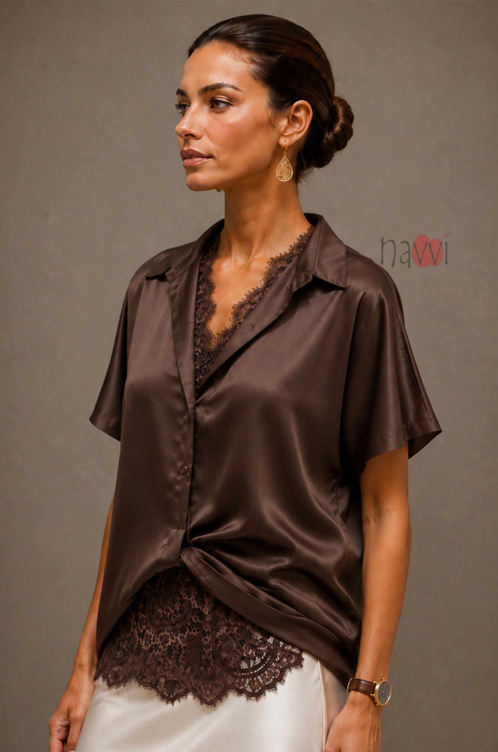 Midnight Mocha Satin Top - Navvi.in