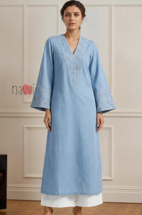 Sky Blue Embroidered Flared Sleeve Kurta Set
