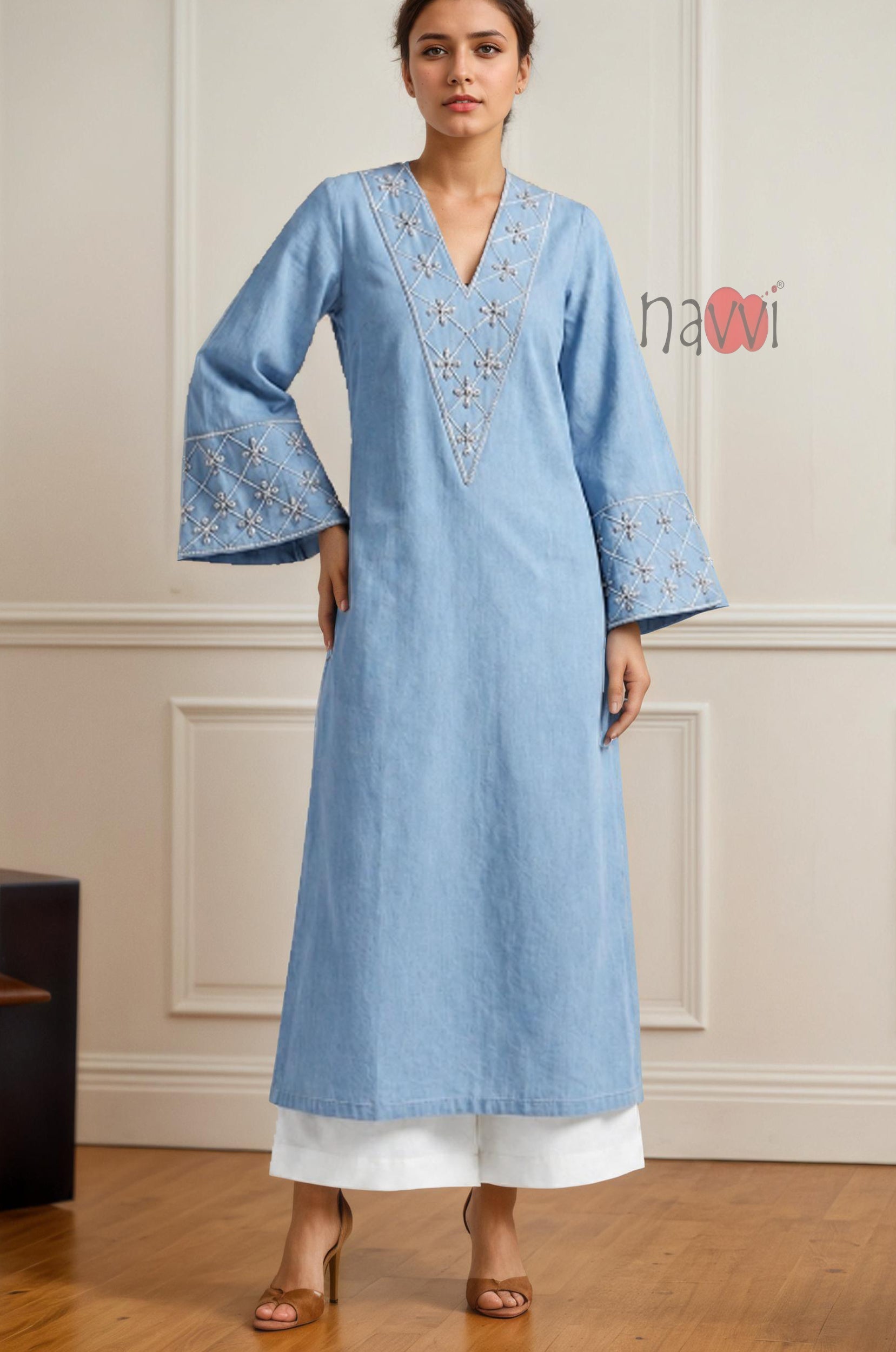 Sky Blue Embroidered Flared Sleeve Kurta Set