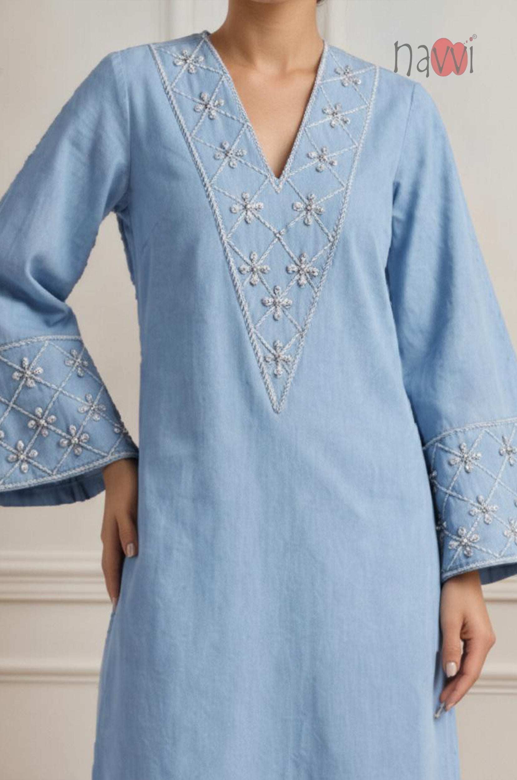 Sky Blue Embroidered Flared Sleeve Kurta Set