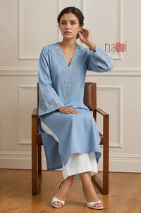 Sky Blue Embroidered Flared Sleeve Kurta Set
