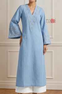 Sky Blue Embroidered Flared Sleeve Kurta Set