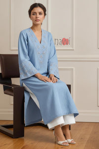 Sky Blue Embroidered Flared Sleeve Kurta Set