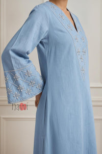 Sky Blue Embroidered Flared Sleeve Kurta Set