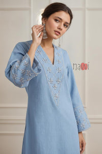 Sky Blue Embroidered Flared Sleeve Kurta Set