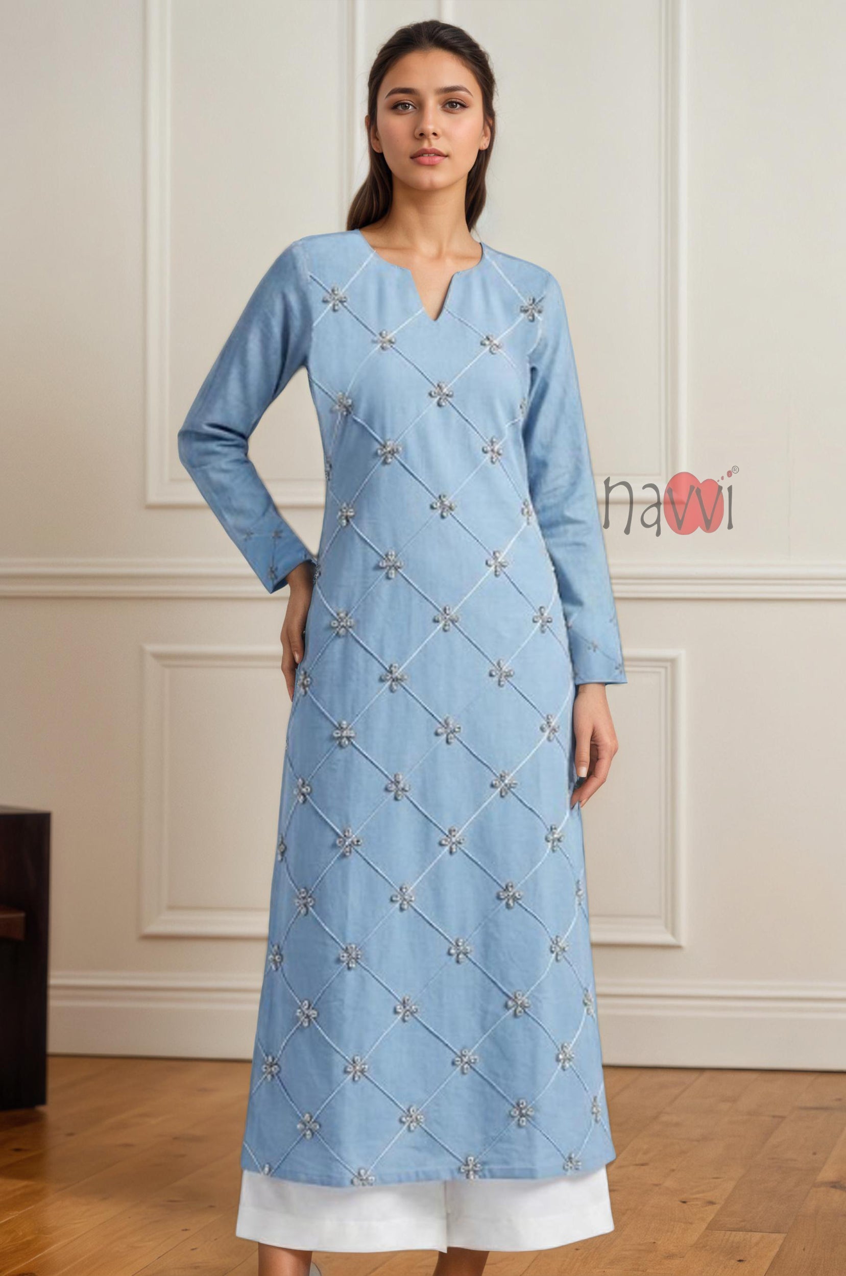 Powder Blue Diamond Embroidered Kurta Set