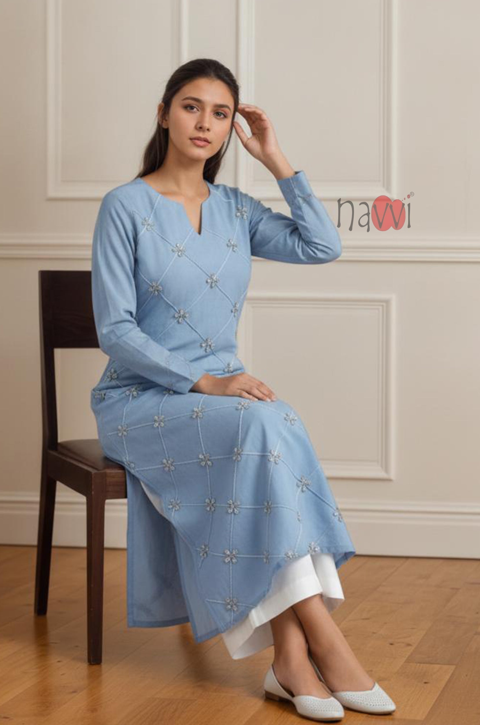Powder Blue Diamond Embroidered Kurta Set