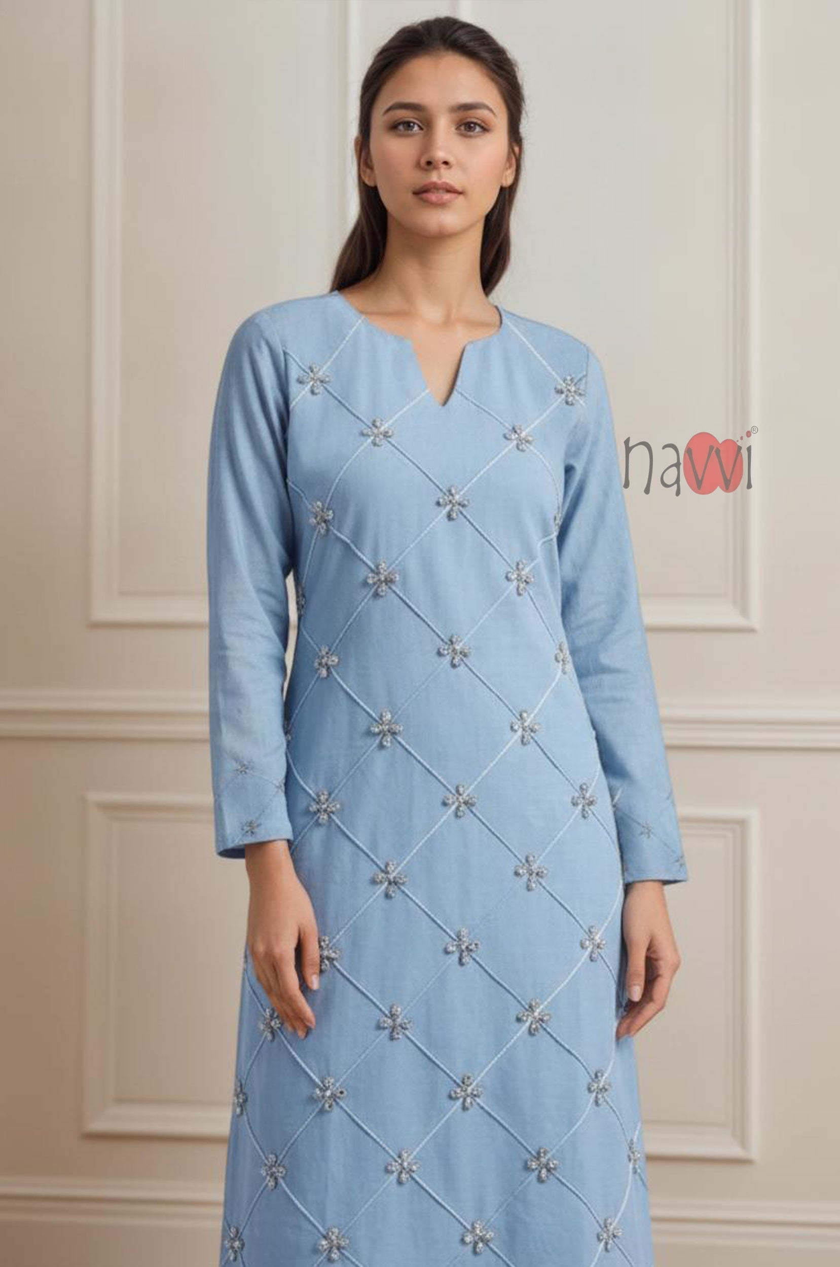 Powder Blue Diamond Embroidered Kurta Set